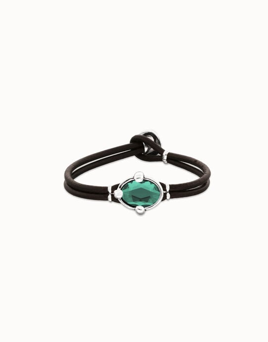 Pulsera de cuero y ba&ntilde;o en plata con cristal facetado ovalado verde